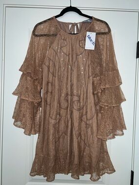 Blue b Brown Lace Tiered-Sleeve Dress Size S NWT